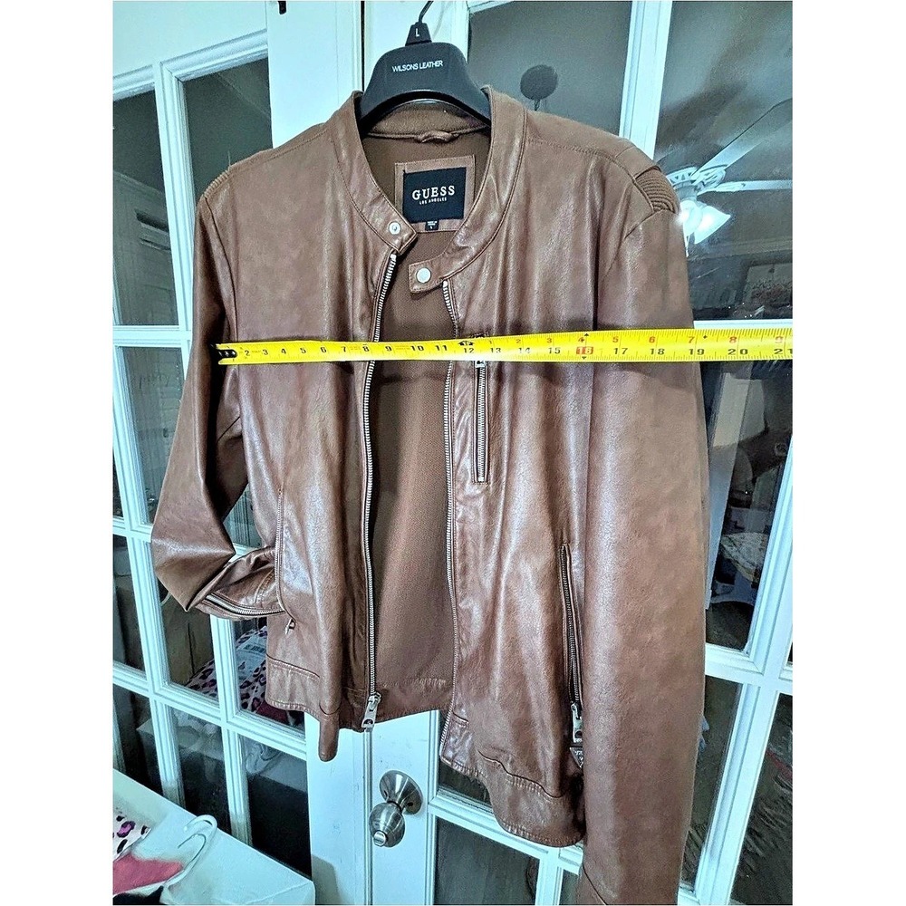 GUESS Brown Faux Leather Moto Jacket Mens Large Zip Front Snap Collar 119AU407 - Picture 4 of 9